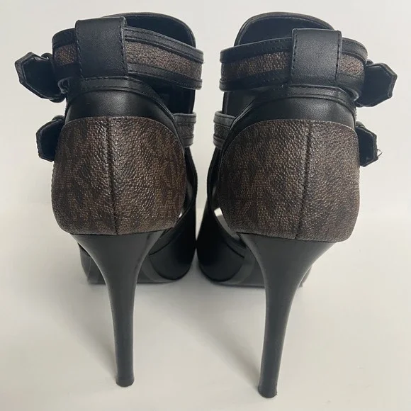 Michael Kors Women's Black Brown Logo Leather Open‑Toe Ankle Booties Size 7.5 - Picture 4 of 11